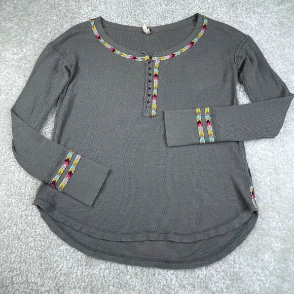 Free People Thermal Rainbow Stitched Henley Top Grey - Picture 2 of 13